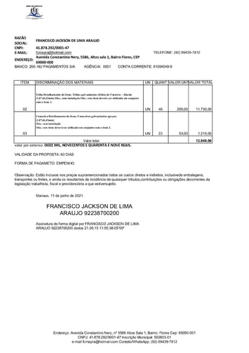 PREGÃO ELETRÔNICO Nº 027/2021 - PROPOSTA RETIFICADA 2 - ITENS 2 E 3 - FRANCISCO JACKSON