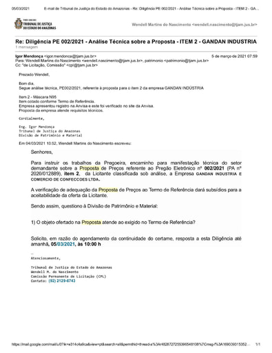 PREGÃO ELETRÔNICO Nº 002/2021 - DILIGÊNCIA CPL À DIVISÃO DE PATRIMÔNIO E MATERIAL - PROPOSTA - ITEM 2 - GANDAN