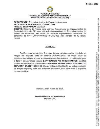 PREGÃO ELETRÔNICO Nº 002/2021 - CERTIDÃO DECURSO DE PRAZO - HABILITAÇÃO - ITEM 7 - DANY KAITON