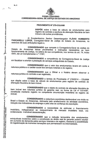 PROVIMENTO 279 - Dispõe sobre a base de cálculo de emolumentos para registro de contrato e escritura de alienação fiduciária de bem imóvel