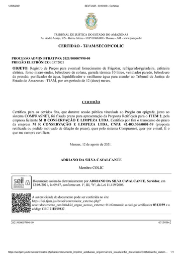 PREGÃO ELETRÔNICO Nº 037/2021 - CERTIDÃO DECURSO DE PRAZO - ITEM 2 - M R CONSERVAÇÃO