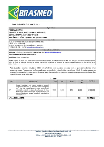 PREGÃO ELETRÔNICO Nº 002/2021 – PROPOSTA - ITEM 7 - BRASMED COMÉRCIO