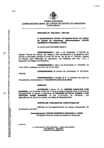 Portaria nº166/2015-CGJ/AM (Autoriza o Dr. George Hamilton Lins Barroso a realizar o casamento no dia 11/12/2015)