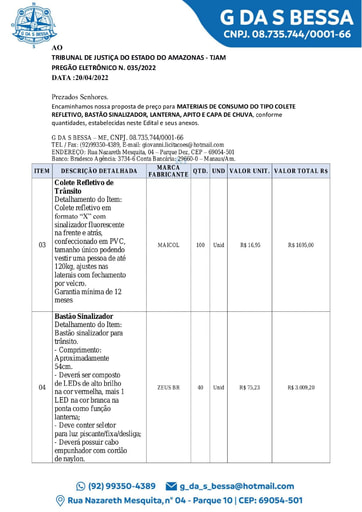 PREGÃO ELETRÔNICO Nº 035/2022 - PROPOSTA - ITENS 3, 4 E 5 - G DA S BESSA