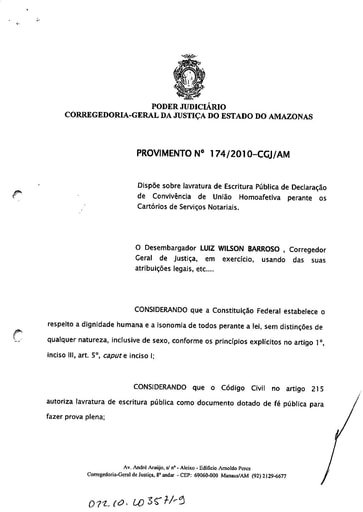 Provimento 174 - Dispõe sobre lavratura de Escritura Pública de Declaração de Convivência de União Homoafetiva perante os Cartórios de Serviços Notariais