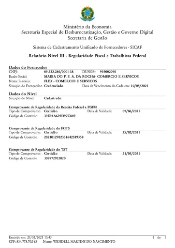 PREGÃO ELETRÔNICO Nº 002/2021 – DOCUMENTOS QUE CONSTAM NO SICAF - ITEM 3 - MARIA DO P. S. A. DA ROCHA