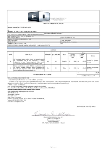 PREGÃO ELETRÔNICO Nº 018/2022 - PROPOSTA RETIFICADA - GRUPO 7 - FRANCISCO LINO