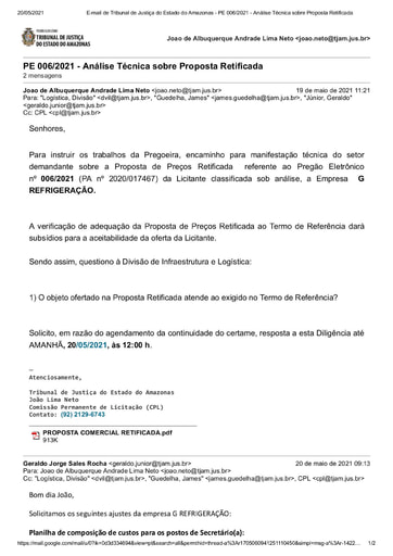 PREGÃO ELETRÔNICO Nº 006/2021 – DILIGÊNCIA CPL À DIVISÃO DE INFRAESTRUTURA E LOGÍSTICA - PROPOSTA RETIFICADA - G REFRIGERAÇÃO