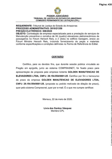 PREGÃO ELETRÔNICO Nº 008/2020 – CERTIDÃO DECURSO DE PRAZO - GOLDEN