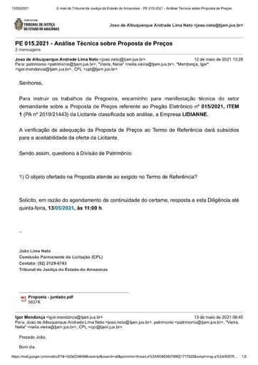 PREGÃO ELETRÔNICO Nº 015/2021 - DILIGÊNCIA CPL À DIVISÃO DE PATRIMÔNIO - PROPOSTA - ITEM 1 - LIDIANE