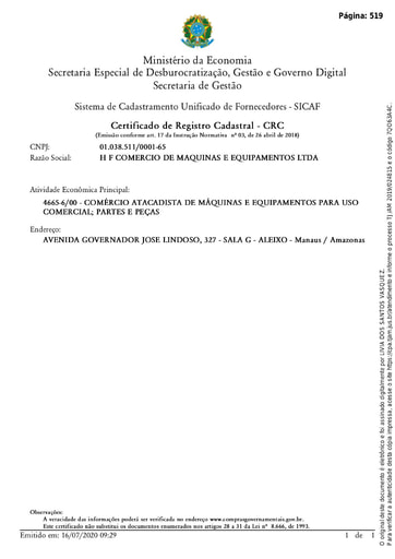 PREGÃO ELETRÔNICO Nº 014/2020 – HABILITAÇÃO - SICAF E CNDT - H F COMÉRCIO