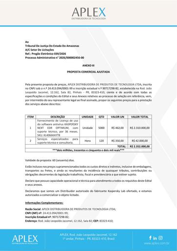 PREGÃO ELETRÔNICO Nº 039/2026 - PROPOSTA - APLEX DISTRIBUIDORA DE PRODUTOS DE TECNOLOGIA S.A