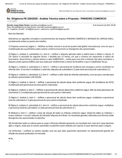 PREGÃO ELETRÔNICO Nº 028/2020 - DILIGÊNCIA CPL À DIVISÃO DE INFRAESTRUTURA E LOGÍSTICA - PROPOSTA - PINHEIRO COMERCIO