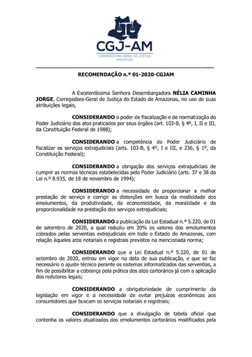 Recomendação n. 01-2020-CGJ-AM (REFERENTE A TABELA DE EMOLUMENTOS)