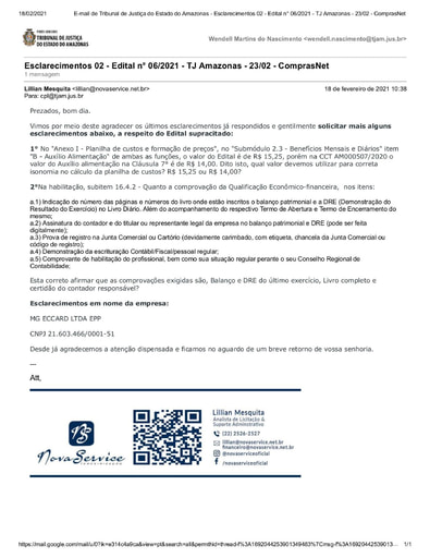 PREGÃO ELETRÔNICO Nº 006/2021 – PEDIDO DE ESCLARECIMENTO - NOVA SERVICE