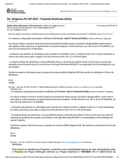 PREGÃO ELETRÔNICO Nº 007/2021 – DILIGÊNCIA CPL À DIVISÃO DE INFRAESTRUTURA E LOGÍSTICA - PROPOSTA RETIFICADA - ABILITY