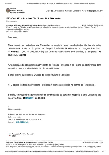 PREGÃO ELETRÔNICO Nº 006/2021 – DILIGÊNCIA CPL À DIVISÃO DE INFRAESTRUTURA E LOGÍSTICA - PROPOSTA RETIFICADA 4 - G REFRIGERAÇÃO