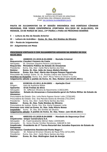 PAUTA DE JULGAMENTOS DO DIA 10 03 2021