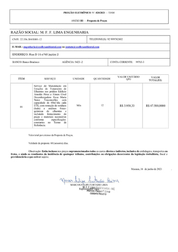 PREGÃO ELETRÔNICO Nº 028/2021 - PROPOSTA - M F F LIMA