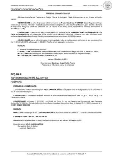 PREGÃO ELETRÔNICO Nº 021/2021 - DESPACHO DE HOMOLOGAÇÃO (DJE)