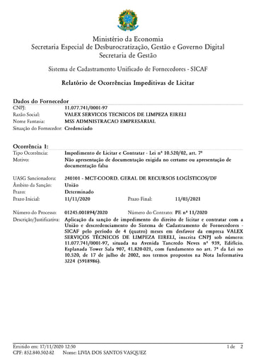 PREGÃO ELETRÔNICO Nº 027/2020 - IMPEDIMENTO - VALEX - ITENS 1, 2 E 3