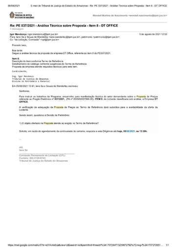 PREGÃO ELETRÔNICO Nº 037/2021 – DILIGÊNCIA CPL À DIVISÃO DE PATRIMÔNIO - PROPOSTA - ITEM 8 - DT OFFICE