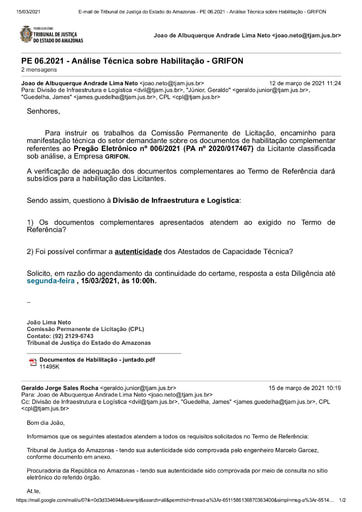 PREGÃO ELETRÔNICO Nº 006/2021 - DILIGÊNCIA CPL À DIVISÃO DE INFRAESTRUTURA E LOGÍSTICA - DOCUMENTOS COMPLEMENTARES - GRIFON