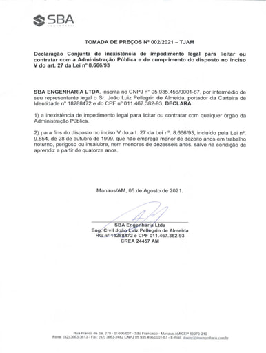 TOMADA DE PREÇOS Nº 002/2021 - DECLARAÇÕES - SBA