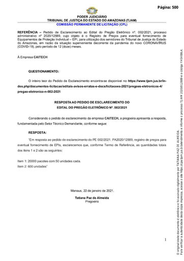 PREGÃO ELETRÔNICO Nº 002/2021 - RESPOSTA AO PEDIDO DE ESCLARECIMENTO - CAITECH