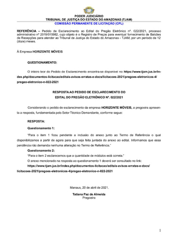 PREGÃO ELETRÔNICO Nº 022/2021 - RESPOSTA AO PEDIDO DE ESCLARECIMENTO - HORIZONTE