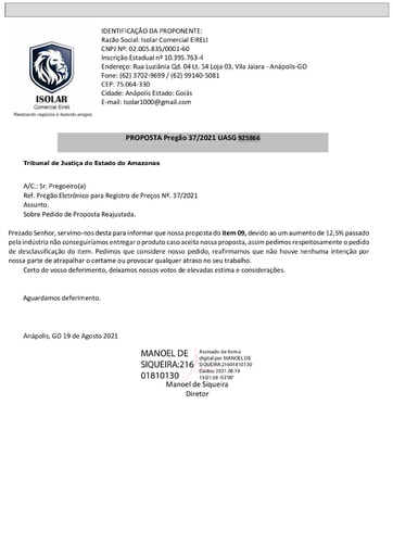 PREGÃO ELETRÔNICO Nº 037/2021 – PEDIDO DE DESCLASSIFICAÇÃO - ITEM 9 - ISOLAR