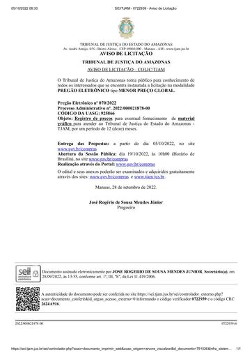 PREGÃO ELETRÔNICO Nº 070/2022 - AVISO DE LICITAÇÃO
