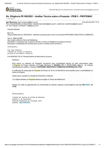 PREGÃO ELETRÔNICO Nº 002/2021 – DILIGÊNCIA CPL À DIVISÃO DE PATRIMÔNIO E MATERIAL - PROPOSTA  -  ITEM 2 - PROTEMAC