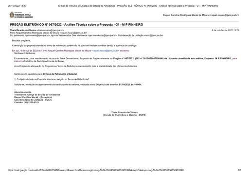 PREGÃO ELETRÔNICO Nº 067/2022 - DILIGÊNCIA COLIC À DIVISÃO DE PATRIMÔNIO - PROPOSTA - GRUPO 1 - M P PINHEIRO