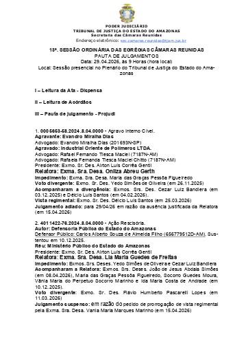13ª Sessão Ordinária de Julgamento das E. Câmaras Reunidas - 29.04.2026, às 9:00 (hora local)