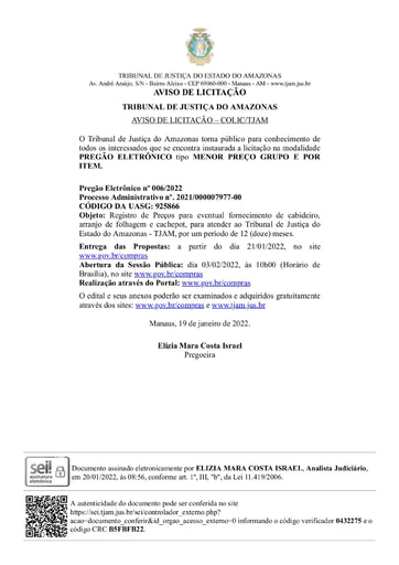 PREGÃO ELETRÔNICO Nº 006/2022 - AVISO DE LICITAÇÃO