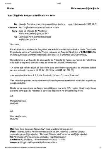 PREGÃO ELETRÔNICO Nº 024/2020 - DILIGÊNCIA CPL À DIVISÃO DE ENGENHARIA - PROPOSTA RETIFICADA 4 - SERV CONSTRUTORA