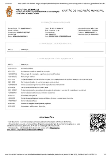 PREGÃO ELETRÔNICO Nº 58/2021 - DOCUMENTOS ENVIADOS EM DILIGÊNCIA - F C SOARES