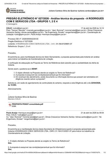 PREGÃO ELETRÔNICO Nº 027/2026 DILIGÊNCIA COLIC À SEINF - PROPOSTA - GRUPOS 1,2 E 4 - A RODRIGUES COM E SERVICOS LTDA