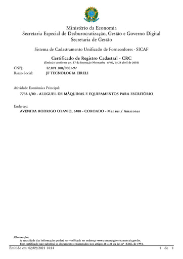 PREGÃO ELETRÔNICO Nº 034/2021 – HABILITAÇÃO - SICAF E CNDT - JF TECNOLOGIA