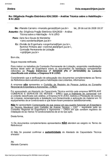 PREGÃO ELETRÔNICO Nº 024/2020 - DILIGÊNCIA CPL À DIVISÃO DE ENGENHARIA - DOCUMENTAÇÃO - N N LEÃO