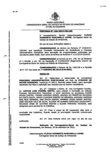 Portaria nº140/2015-CGJ/AM (Instaura Procedimento Administrativo Disciplinar - PAD; Processo nº 0203392-85.2015.8.04.0022)