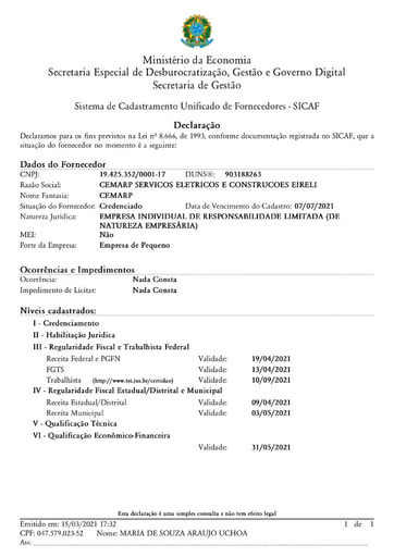 PREGÃO ELETRÔNICO Nº 013/2021 - HABILITAÇÃO - DOC. COMPLEMENTAR - CEMARP