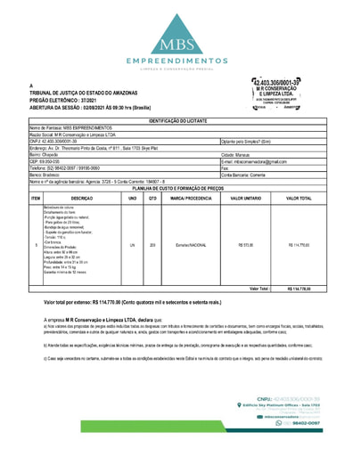 PREGÃO ELETRÔNICO Nº 037/2021 - PROPOSTA - ITEM 5 - M R CONSERVAÇÃO