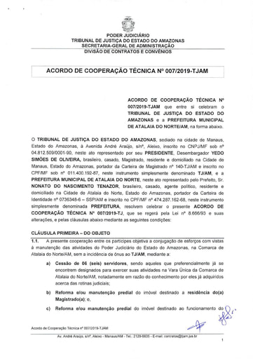 ACORDO DE COOPERAÇÃO TÉCNICA N° 007 2019   TJAM x PREFEITURA MUNICIPAL DE ATALAIA DO NORTE