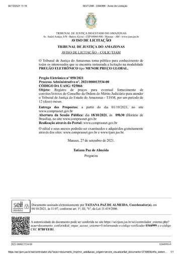 PREGÃO ELETRÔNICO Nº 50/2021 - AVISO DE LICITAÇÃO