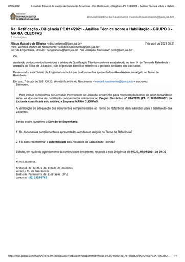 PREGÃO ELETRÔNICO Nº 014/2021 – DILIGÊNCIA CPL À DIVISÃO DE ENGENHARIA - DOCUMENTOS COMPLEMENTARES - GRUPO 3 - MARIA CLEOFAS