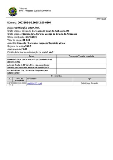 Relatório de Correição 22.ª Vara Cível da Comarca de Manaus - Assinado em 12.03.2026