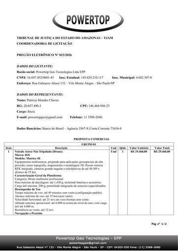 PREGÃO ELETRÔNICO Nº 023/2026 - PROPOSTA - POWERTOP - GEO TECNOLOGIAS LTDA - ITEM 1