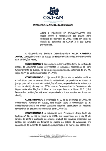 Provimento nº 389/2021-CGJ/AM (Dispõe sobre a flexibilização dos prazos para correição do exercício de 2020, tendo em vista os efeitos da pandemia do COVID-19 e altera o Provimento 241/2015 – CGJ/AM)